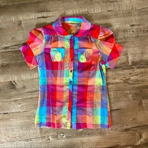 Plaid Button Up Puff Sleeve Blouse